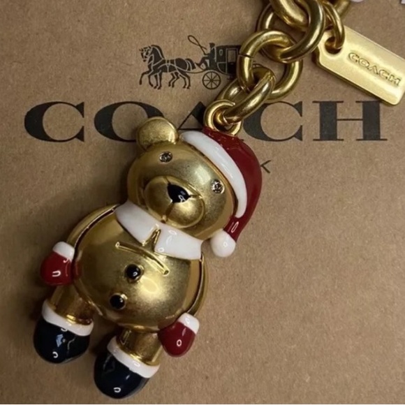 🎄🧸NWT COACH 3D Christmas Santa Teddy Bear Bag Charm Key Chain Ring Gold - Picture 5 of 7